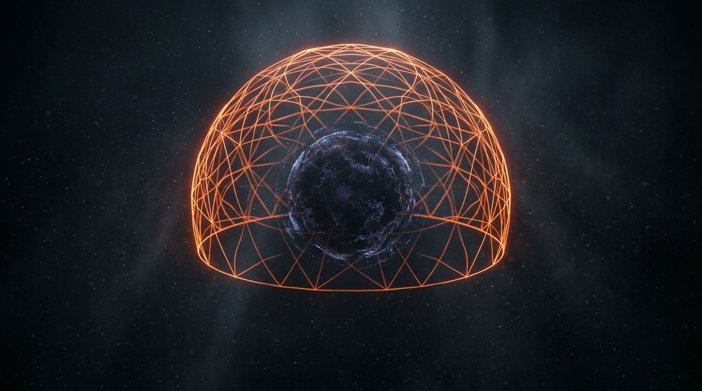 Abstract dome of orange light filaments forming a protective lattice around a glowing data core