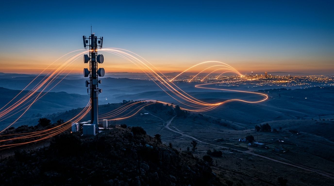 Communications tower on a hilltop at dusk with glowing signal trails flowing toward a distant lit city