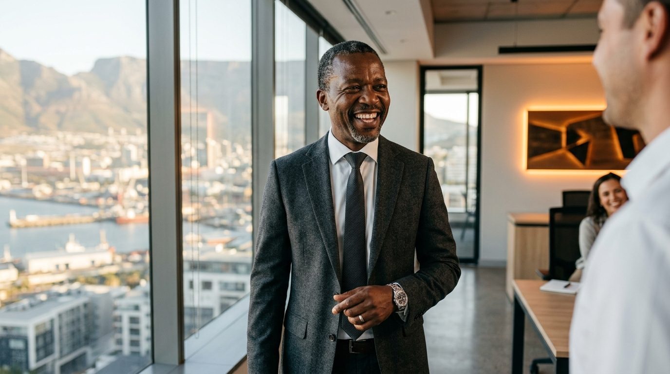 A confident business leader in conversation in a modern office overlooking a coastal city