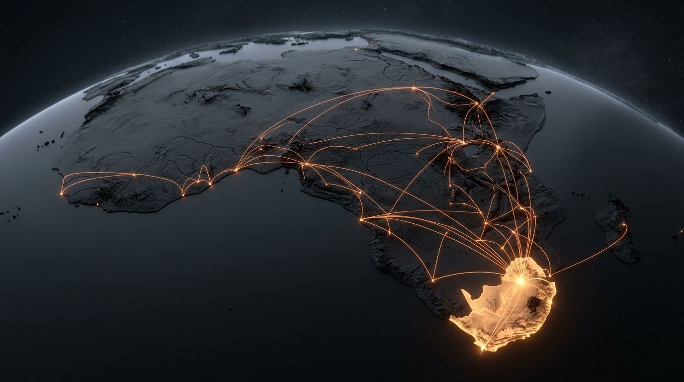 Dark relief map of Africa with South Africa illuminated as a hub and orange network lines radiating across Sub-Saharan Africa