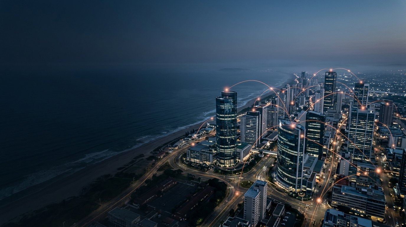 Aerial view of a South African coastal business district at dusk with glowing connectivity lines linking the towers